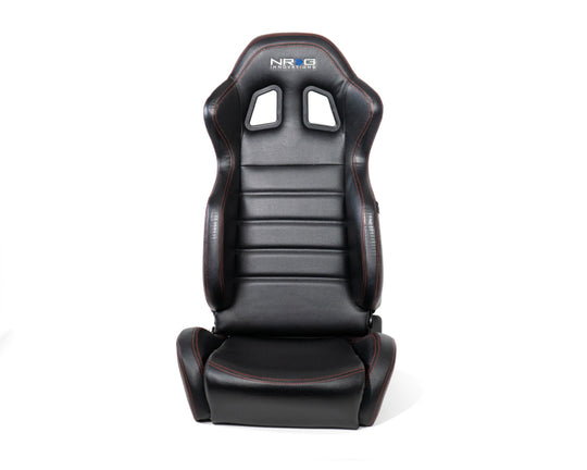 NRG Reclinable Racing Seats (Pair) Black Leather w/NRG Logo Red Stitch - RSC-208-1L/R