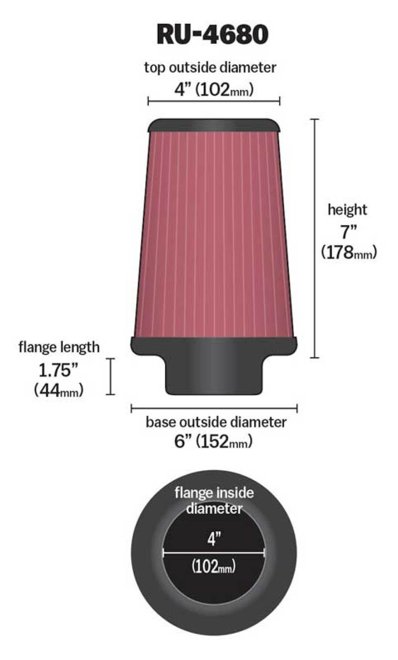 K&N Universal Clamp-On Air Filter 4in FLG / 6in B / 4in T / 7in H - RU-4680