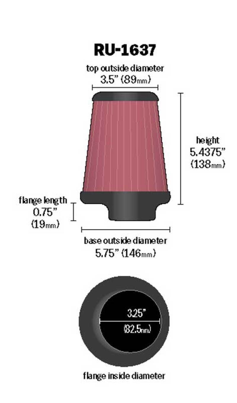 K&N Universal Clamp-On Air Filter 3-1/4in FLG / 5-3/4in B / 3-1/2in T / 5-7/16in H - RU-1637