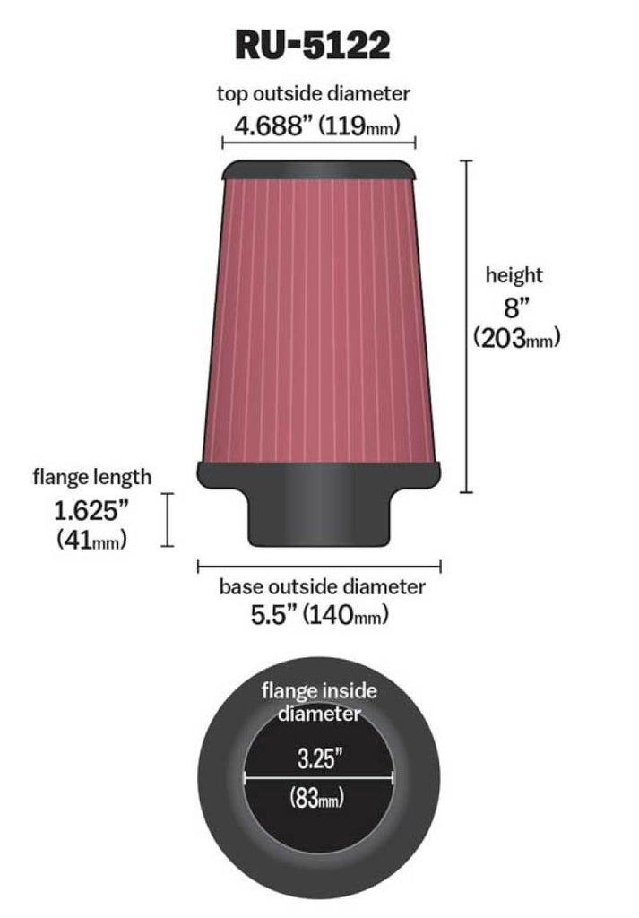 K&N Filter Universal Rubber Filter 3.25  Flange 5.5 Base 4.6875 Top 8 Height - RU-5122