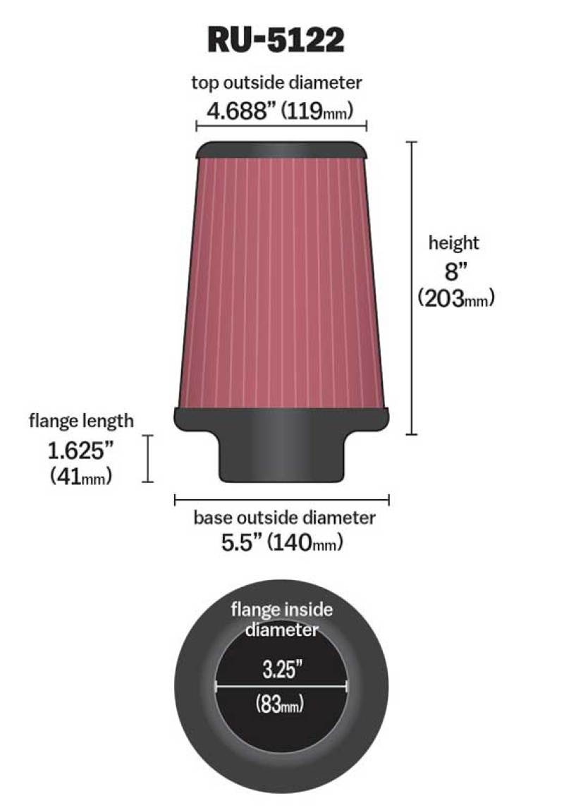 K&N Filter Universal Rubber Filter 3.25  Flange 5.5 Base 4.6875 Top 8 Height - RU-5122