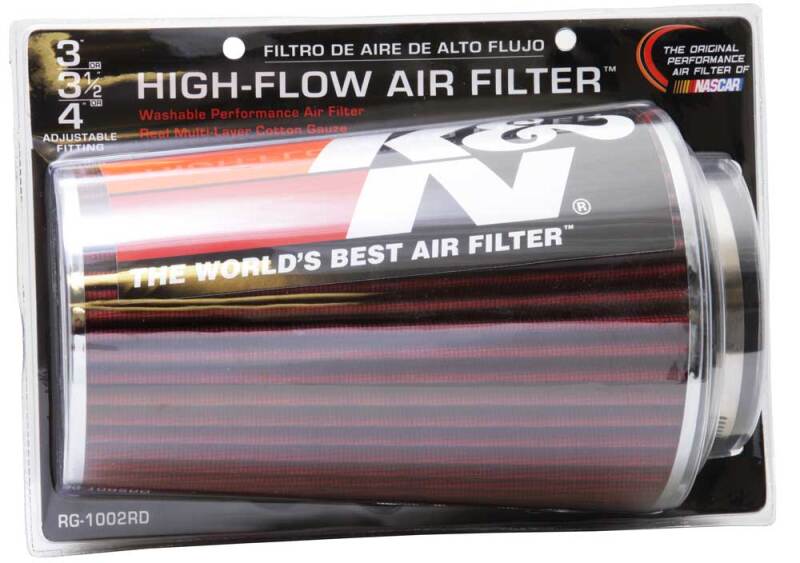 K&N Universal Air Filter Chrome Round Tapered Red - 4in Flange ID x 1.125in Flange Length x 9.5in H - RG-1002RD