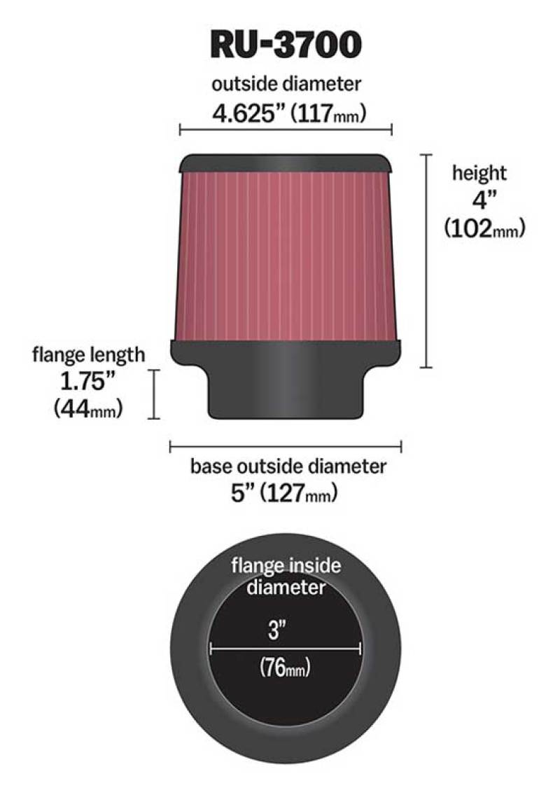 K&N Universal Rubber Filter Round Tapered 4.625in Top OD x 5in Base OD x 4in H - RU-3700