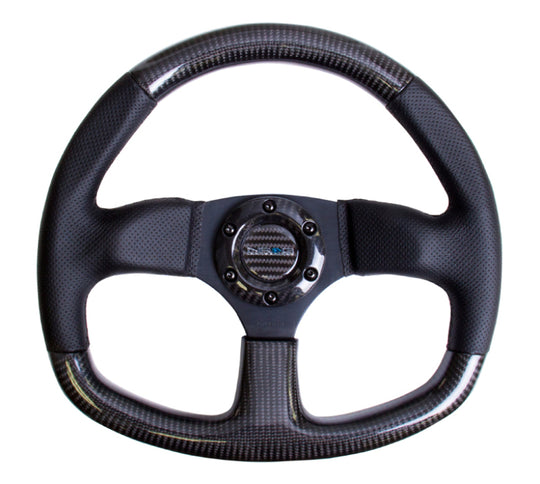 NRG Carbon Fiber Steering Wheel (320mm) Flat Bottom & Leather Trim w/Black Stitching - ST-009CFBS