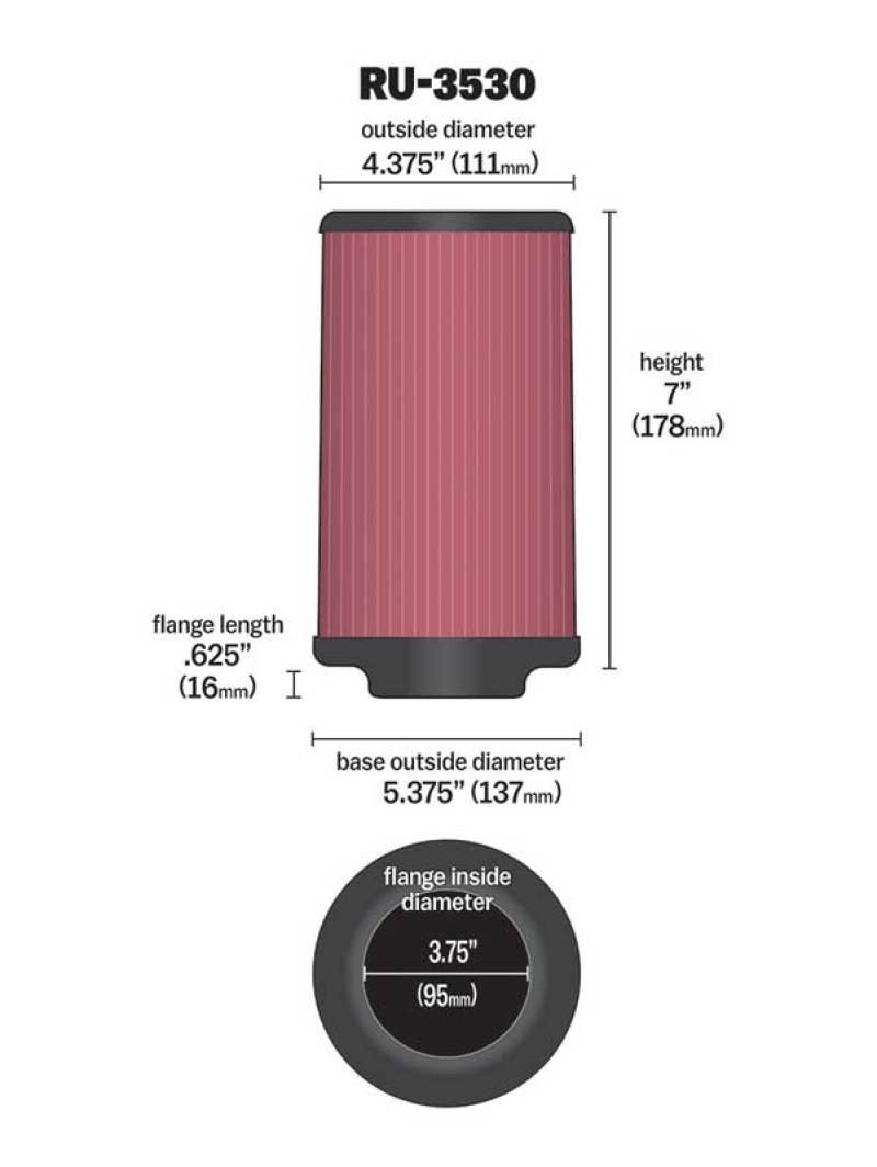 K&N Universal Rubber Filter 3.75in FLG x 5.375in Base x 5.375in Top x 7in Height - RU-3530