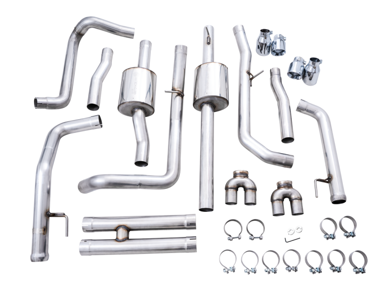 AWE Tuning 4th Gen GM 1500 6.2L 0FG Cat-Back Split Rear Exit (w/ Bumper Cutouts) - Quad Chrome Tips - 3015-42203