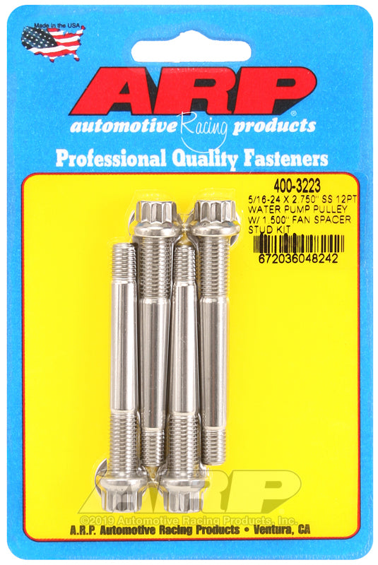 ARP 5/16-24 X 2.750 SS 12pt water pump pulley w/ 1.500in fan spacer stud kit - 400-3223