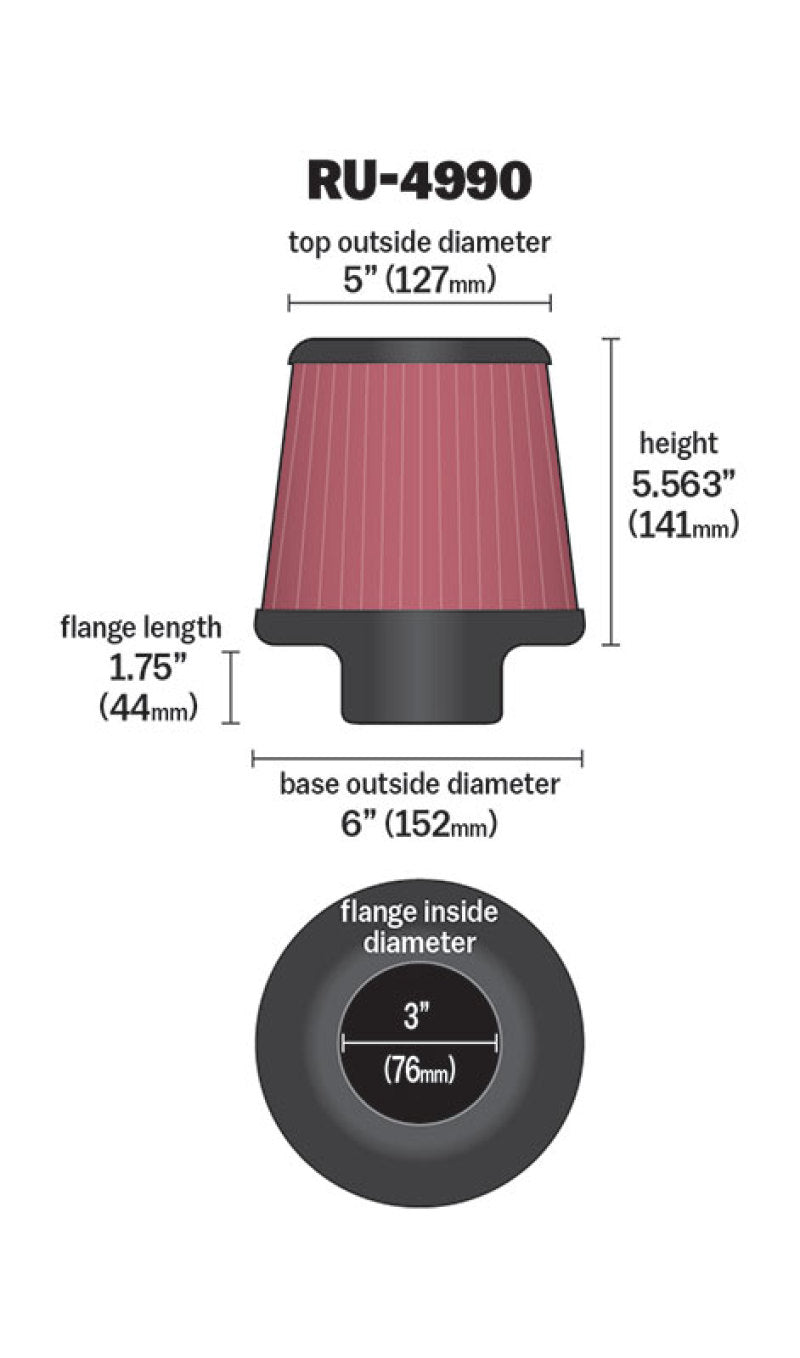 K&N Filter Universal Rubber Filter-Rd Tapered 3in Flange ID x 6in Base OD x 5in Top OD x 5.563in H - RU-4990