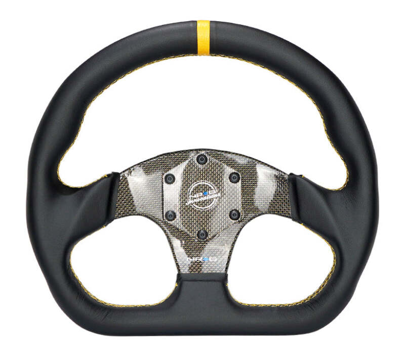 NRG Carbon Fiber Flat Bottom Steering Wheel (320mm) Yellow CF Center w/Yellow Stitch/Yellow Mark - RST-024CF/GD