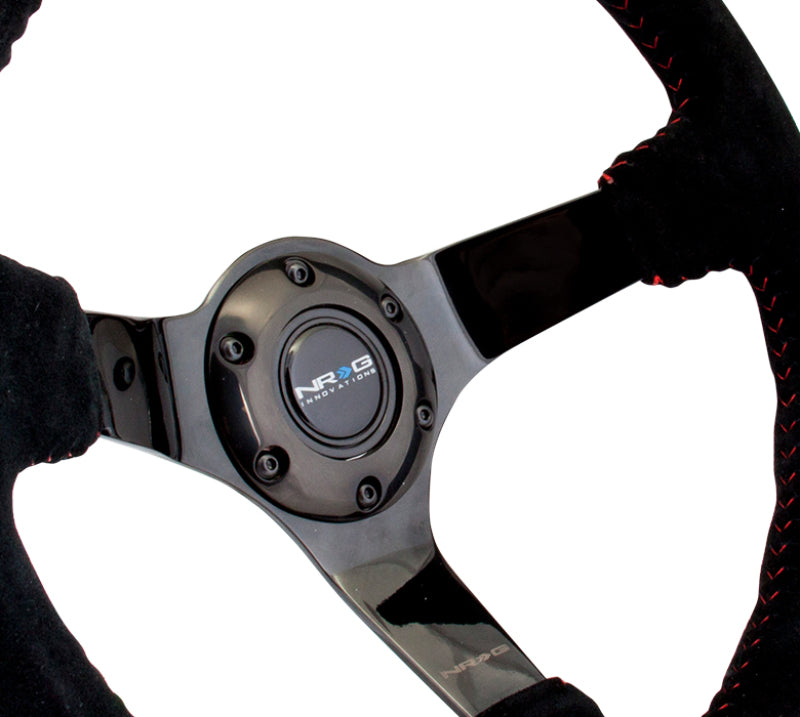 NRG Reinforced Steering Wheel (350mm / 3in. Deep) Blk Suede w/Red BBall Stitch & Black 3-Spoke - RST-036BK-S