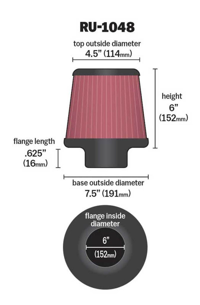 K&N Universal Clamp-On Air Filter 6in Flange / 7-1/2in Base / 4-1/2in Top / 6in Height - RU-1048