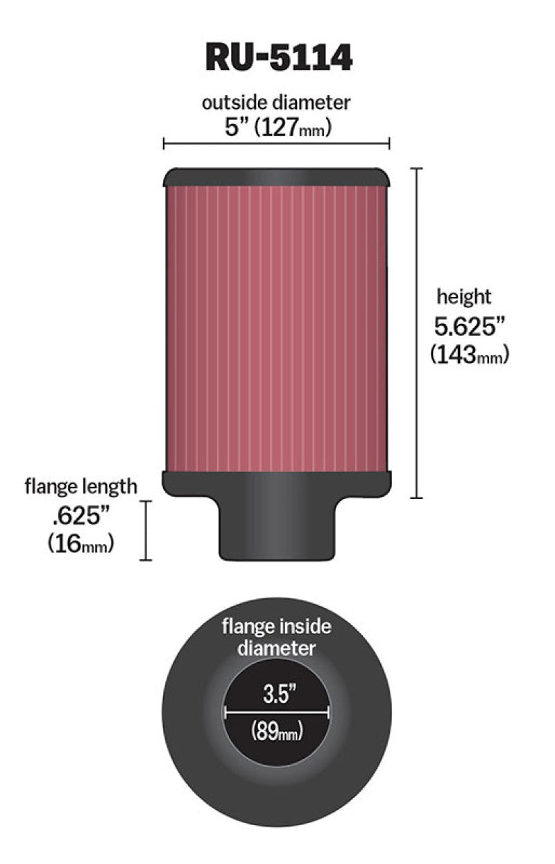 K&N Filter Universal Rubber Filter 3.5in Flange ID x 5in OD x 5.625in H - RU-5114