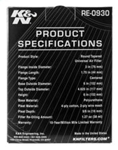 Load image into Gallery viewer, K&amp;N Universal Rubber Filter - Round Tapered 6in Base OD x 3in Flange ID x 6in H - RE-0930