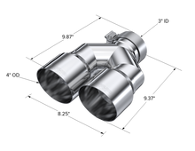 Load image into Gallery viewer, MBRP 3in ID / Dual 4in OD Out Staggered L 9.87in / R 9.37in Single Wall T304 SS Univ Exhaust Tip - T5182