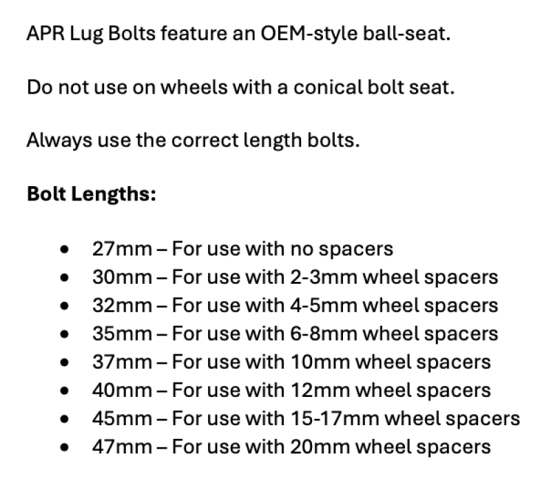 APR Lug Bolts - Use w/12mm Spacers - 40mm - Black (Set of 10) - MS100176