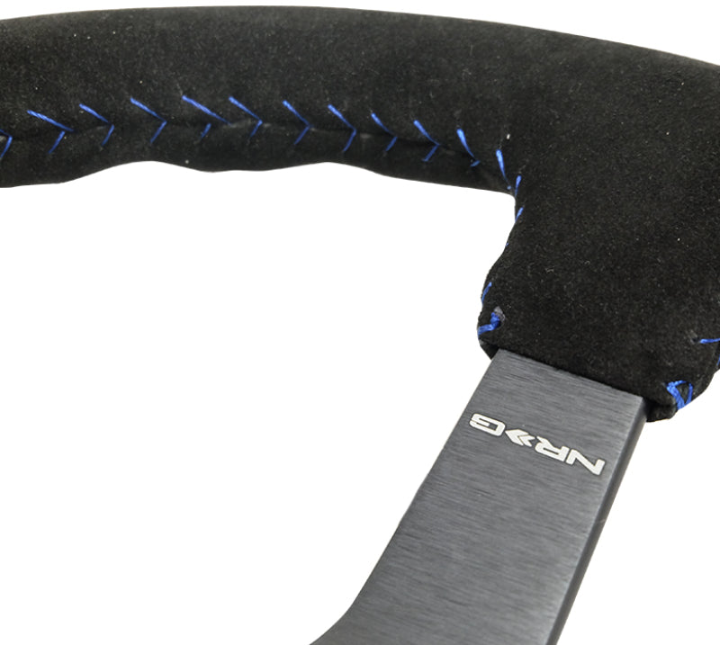 NRG Reinforced Steering Wheel (350mm / 3in. Deep) Blk Suede/Blue BBall Stitch w/5mm Matte Blk Spokes - RST-036MB-S-BL