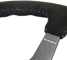 Load image into Gallery viewer, NRG Reinforced Steering Wheel (350mm / 3in. Deep) Blk Suede/Blue BBall Stitch w/5mm Matte Blk Spokes - RST-036MB-S-BL
