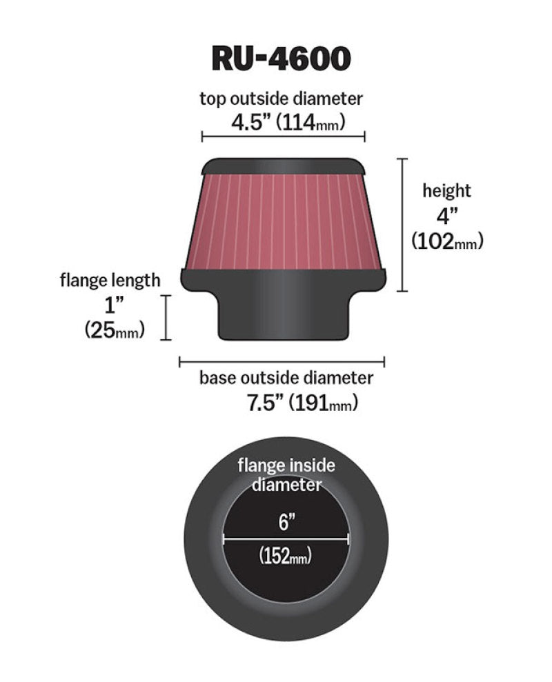 K&N Filter 6 inch Flange 7.5 inch Base 4.5 Top 4 inch Height - RU-4600