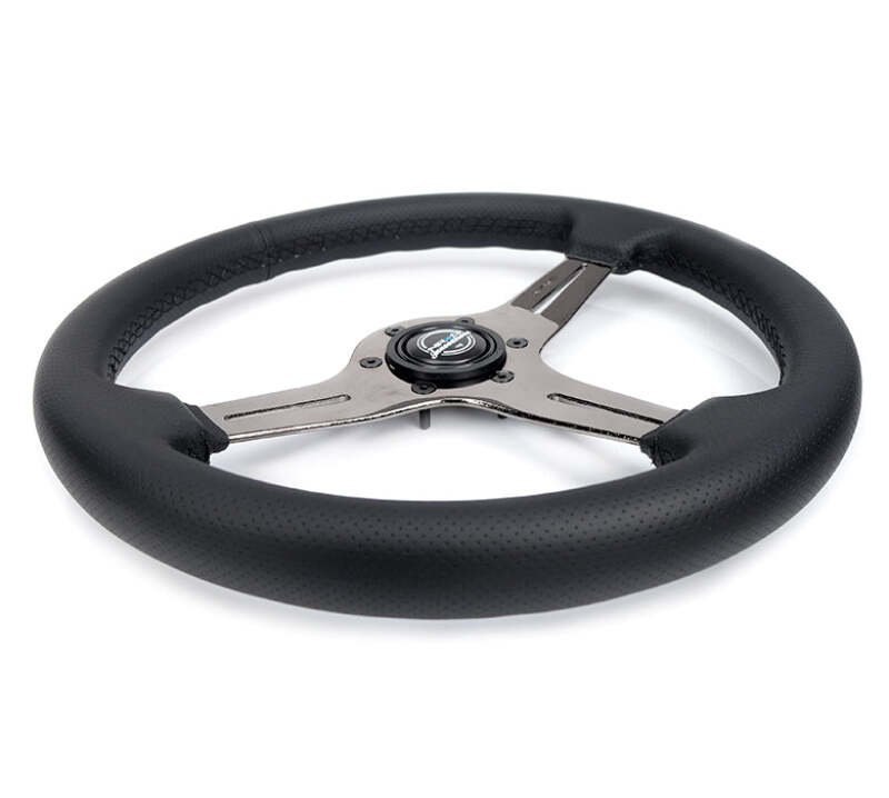 NRG Light Weight Gaming Steering Wheel - 350mm 3 Black Chrome Silver Spokes Perforated Leather - ST-018BC-PR