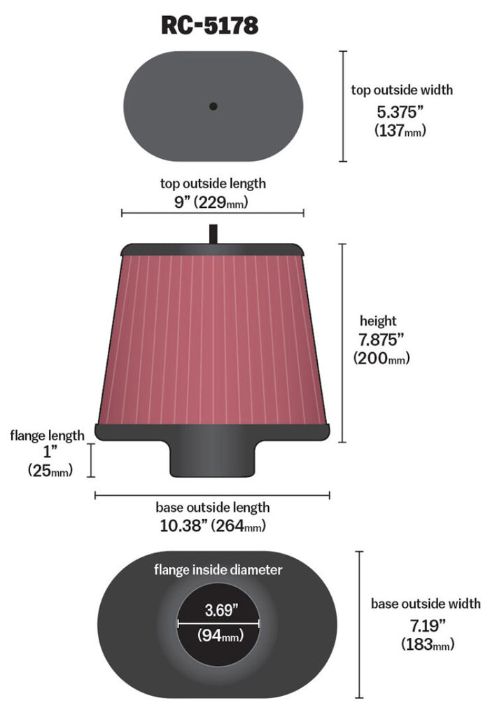 K&N Universal Air Filter - Oval Straight - 3.688in Flange ID x 10.25in Base O/S Length x 7.875in H - RC-5178