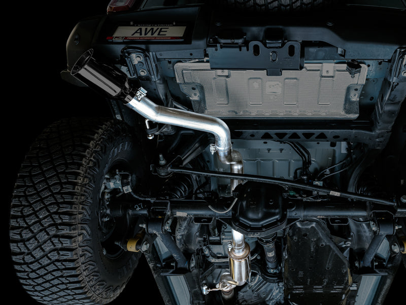 AWE Tuning 2021+ Ford Bronco 0FG Single Rear Exit Exhaust w/Diamond Black Tip & Bash Guard - 3015-23789