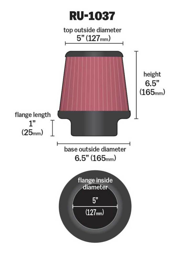 K&N Universal Clamp-On Air Filter 5in FLG / 6-1/2in B / 5in T / 6-1/2in H - RU-1037