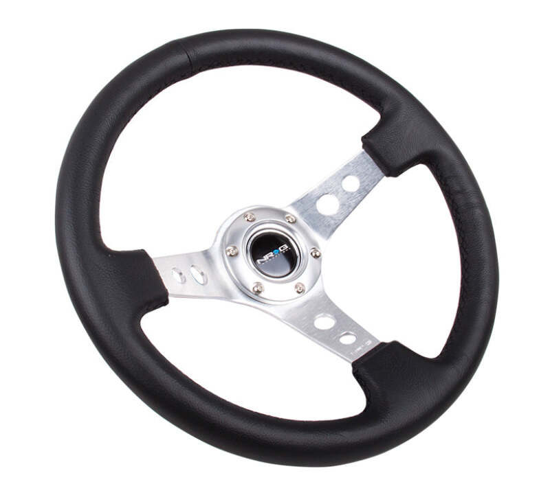 NRG Reinforced Steering Wheel (350mm/3in. Deep) White Leather w/Blk Spoke/Round Holes/White Stripes - RST-006BK-WT-B