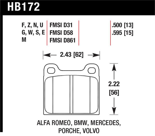 Hawk 63-65 Porsche 356 Front /  69-83 911 / 64-72 912 Rear DTC-60 Race Brake Pads - HB172G.595
