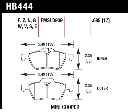 Hawk 02-06 Mini Cooper / Cooper S Performance Ceramic Street Front Brake Pads - HB444Z.685