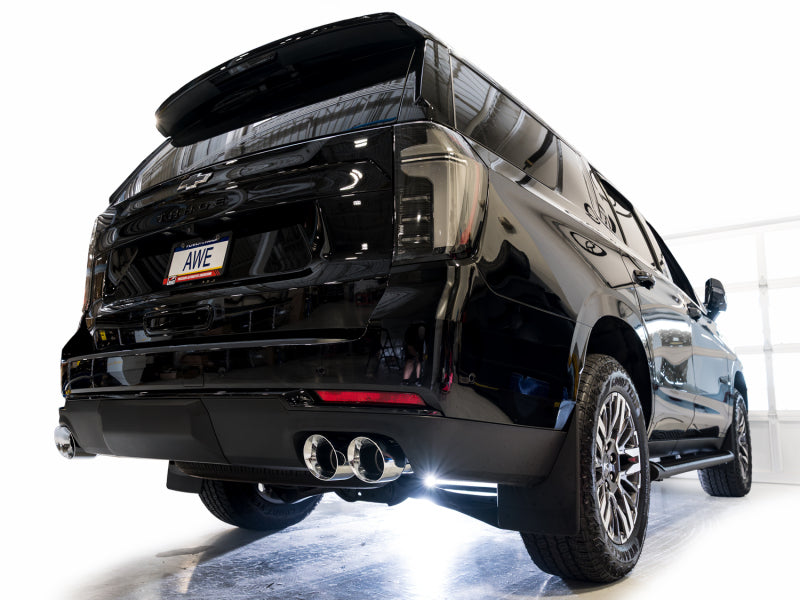 AWE Tuning 2021+ GMC Tahoe/Yukon 5.3L 0FG Split Rear Exit Catback Exhaust - Quad Chrome Silver Tips - 3015-42006