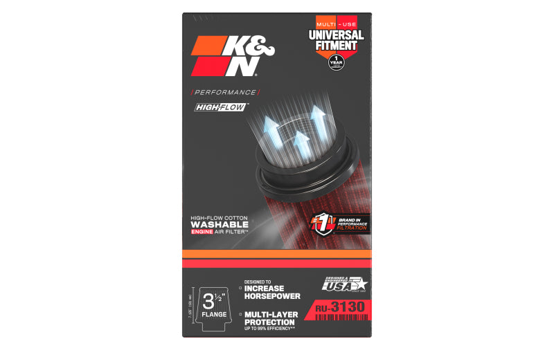 K&N Filter Universal Rubber Filter 3 1/2 inch Flange 4 5/8 inch Base 3 1/2 inch Top 7 inch Height - RU-3130