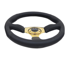 Load image into Gallery viewer, NRG Reinforced Steering Wheel (350mm / 2.5in. Deep) Leather Race Comfort Grip w/4mm Gold Spokes - RST-023GD-R