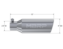 Load image into Gallery viewer, MBRP Universal Tip 4in OD 2.5in Inlet 12in Length Angled Cut Rolled End Clampless No-Weld T304 - T5150