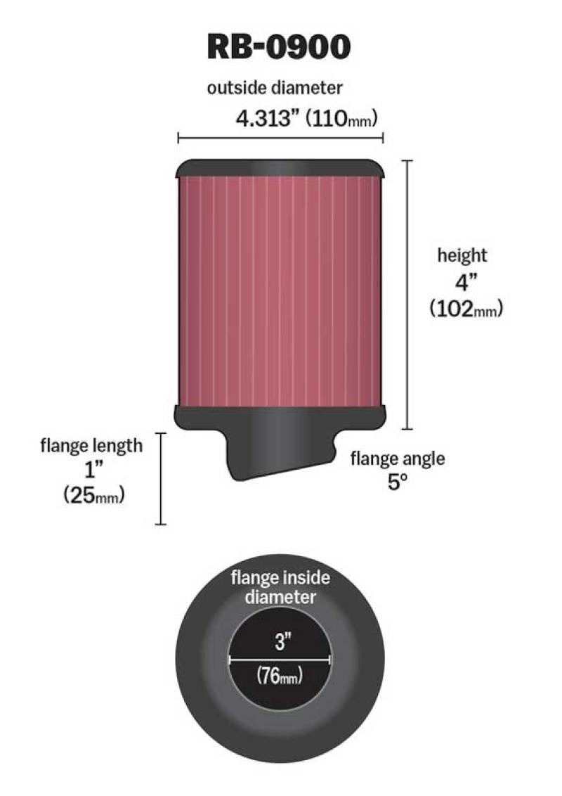 K&N Universal Rubber Filter 3 inch 5 Degree FLG 4 1/2 inch OD 4 inch Height - RB-0900