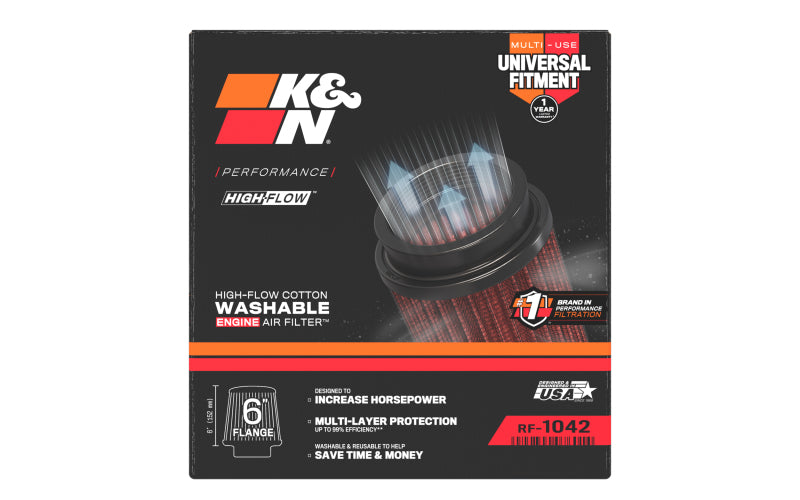 K&N Round Tapered Universal Air Filter 6in Flange ID x 7.5in Base OD x 5in Top OD x 6.5in Height - RF-1042