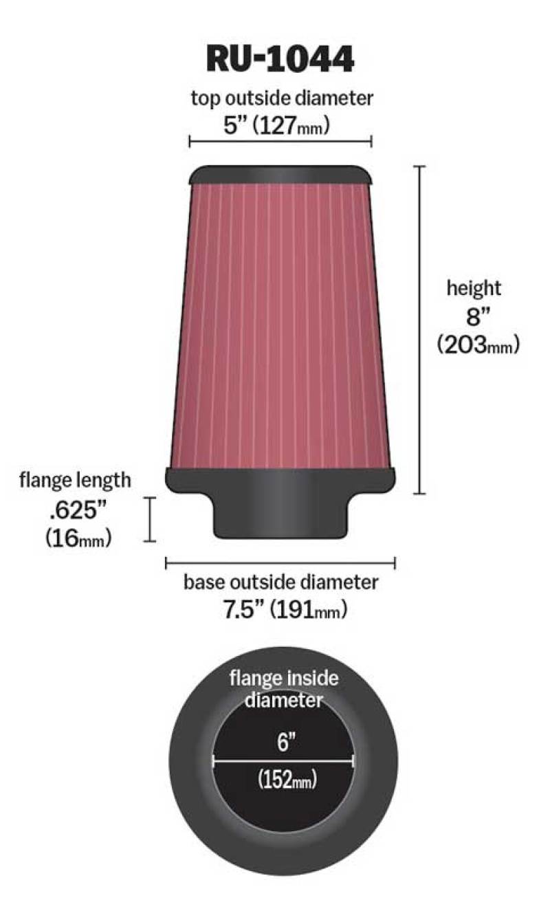 K&N Universal Clamp-On Air Filter 6in FLG / 7-1/2in B / 5in T / 8in H - RU-1044