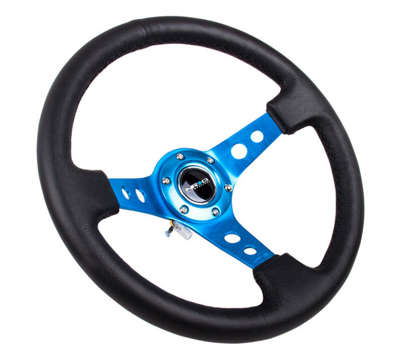 NRG Reinforced Steering Wheel (350mm/3in. Deep) White Leather w/Blk Spoke/Round Holes/White Stripes - RST-006BK-WT-B