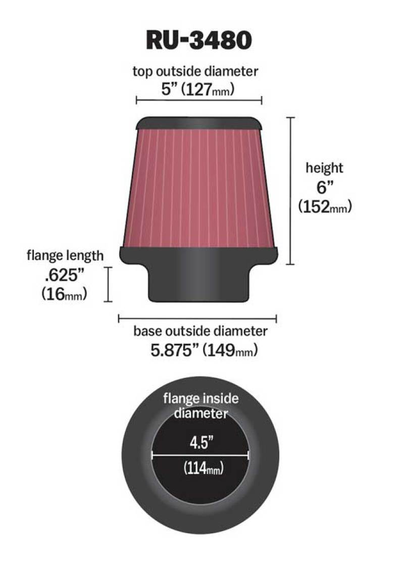 K&N Universal Rubber Filter 4 1/2 inch FLG / 5 7/8 inch Base / 5 inch Top / 6 inch Height - RU-3480