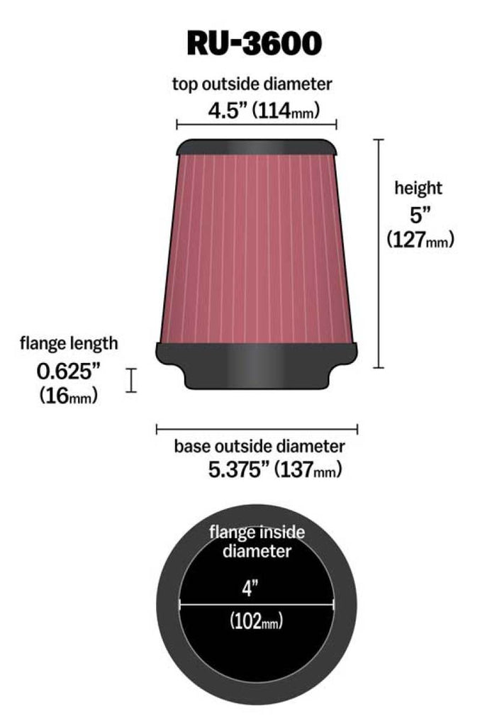 K&N Universal Air Filter 4in Flange / 5-3/8 in Base / 4-1/2in Top / 5in Height - RU-3600