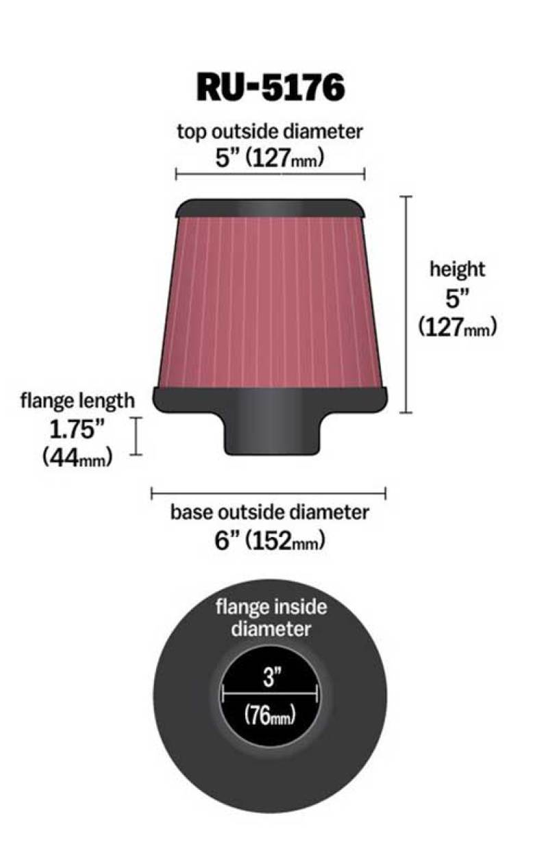K&N Universal Rubber Filter-Round Tapered 3in Flange ID x 6in Base OD x 6in Top OD x 5in H - RU-5176