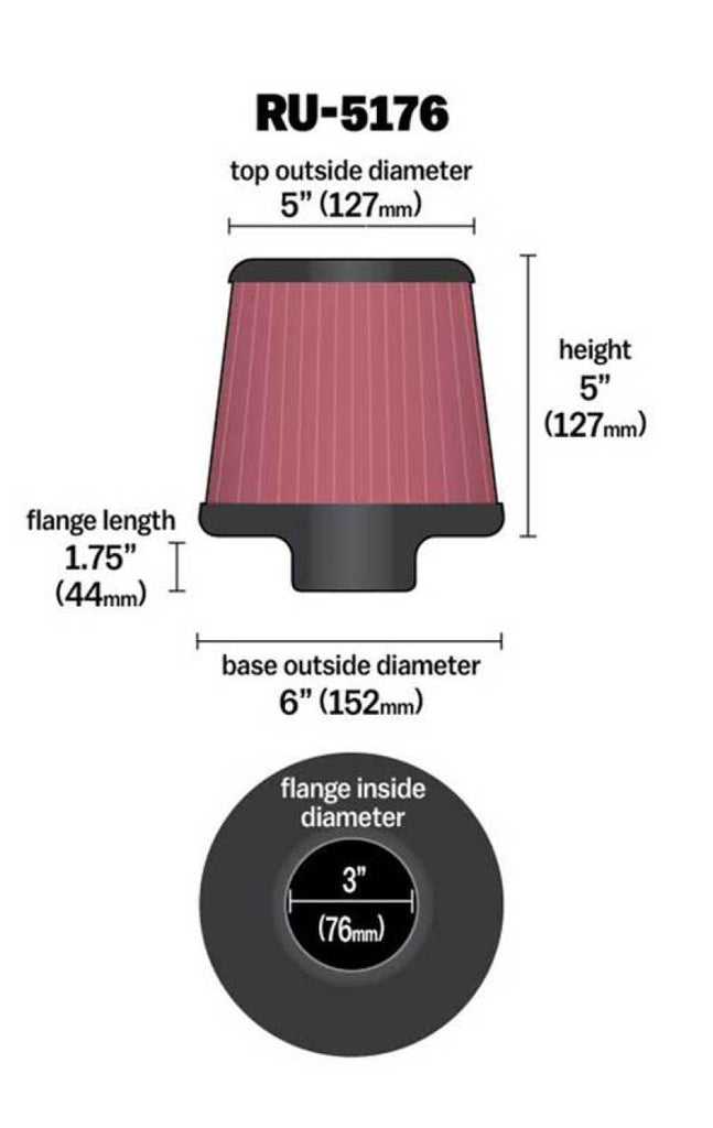 K&N Universal Rubber Filter-Round Tapered 3in Flange ID x 6in Base OD x 6in Top OD x 5in H - RU-5176