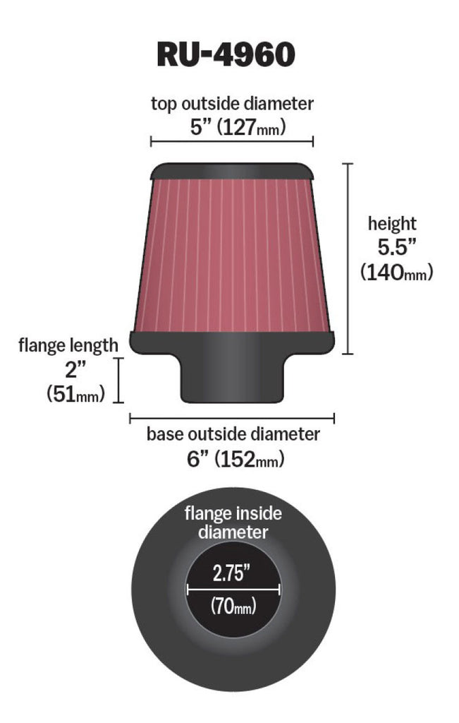 K&N Filter Universal Rubber Filter 2 3/4 inch Flange 6 inch Base 5 inch Top 5 1/2 inch Height - RU-4960