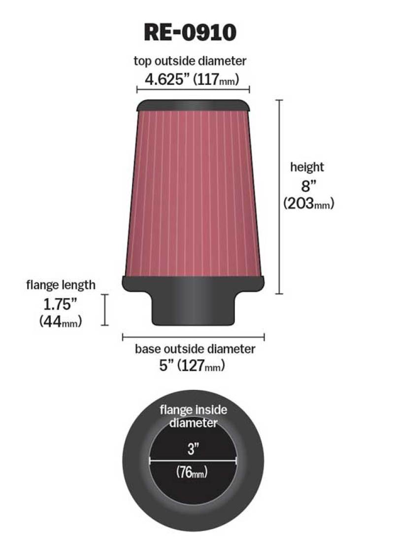 K&N Universal Rubber Filter 3inch FLG / 5inch OD-B / 4-5/8inch OD-T / 8inch H - RE-0910
