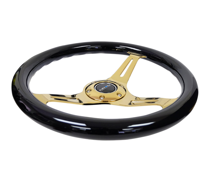NRG Classic Wood Grain Steering Wheel (350mm) Black Grip w/Chrome Gold 3-Spoke Center - ST-015CG-BK