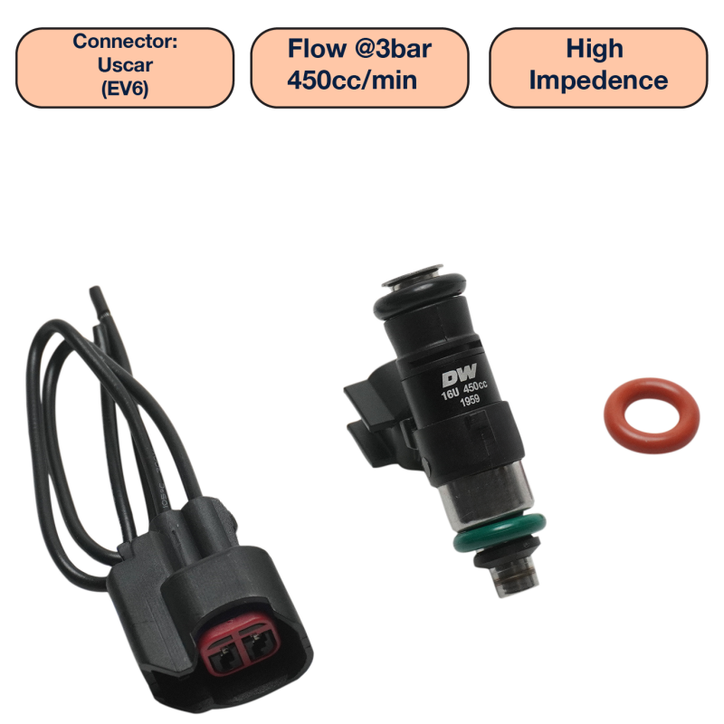 DeatschWerks Universal 450cc Single Fuel Injector / 34mm Length / 14mm O-Ring Seals - DW450-34-14-14-1