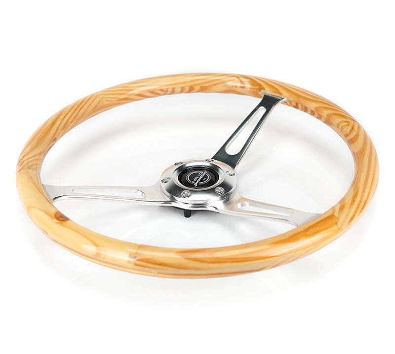 NRG Reinforced Steering Wheel (380mm) Light Wood Grain w/3-Spoke Center Shinny Chrome - RST-380RG