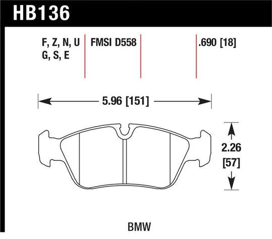 Hawk BMW 318i/318iC/318iS/318Ti/325Ci/325i/325iS/325Xi/328Ci/328iC/328iS/Z3 Race DTC-60 Frt Brk Pads - HB136G.690
