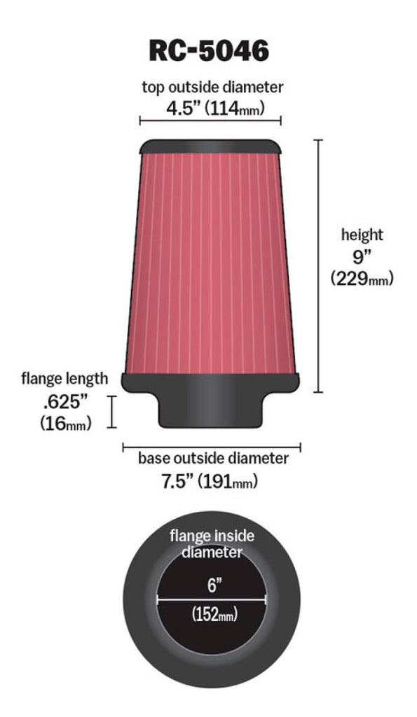 K&N Universal Chrome Filter 6 inch FLG / 7.5 inch Base / 4.5 inch Top / 9 inch Height - RC-5046