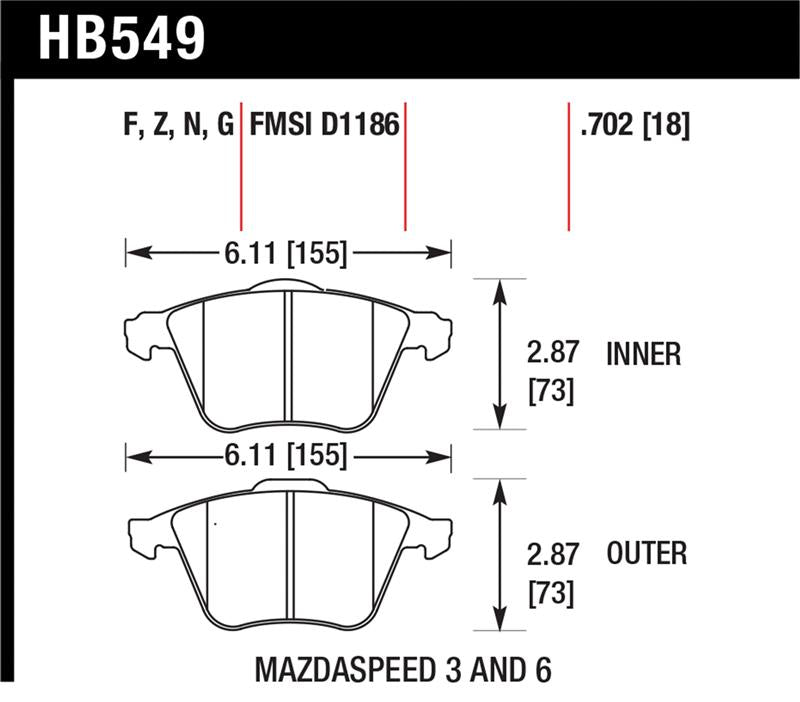 Hawk 2007-2013 Mazda 3 Mazdaspeed HPS 5.0 Front Brake Pads - HB549B.702