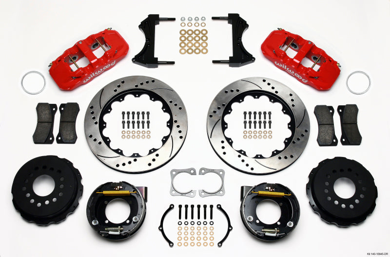 Wilwood AERO4 Rear P-Brake Kit 14.00in Drilled Red Chevy 12 Bolt-Spec 3.15in Bearing - 140-10945-DR